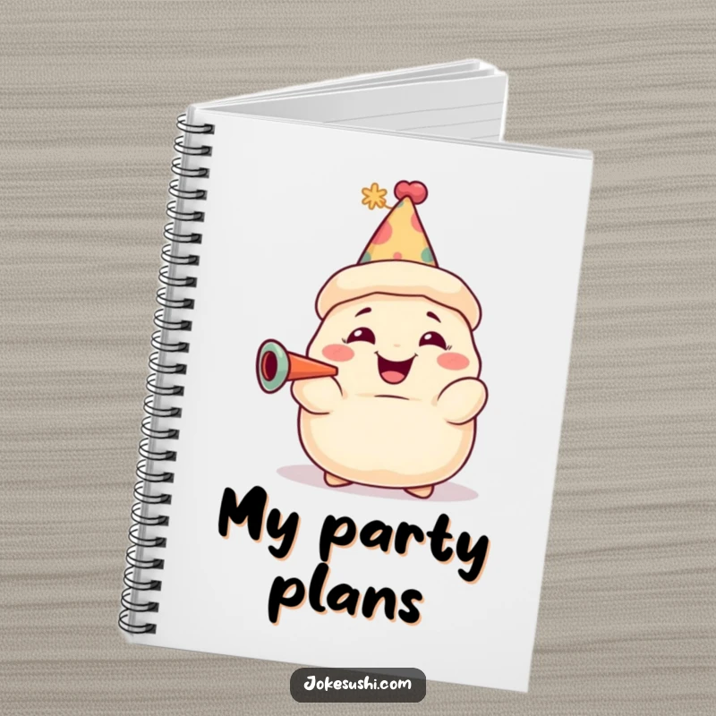 Funny dumpling notebook featuring a grinning character with a party hat, ready for notes and celebratory doodles. A fun and festive journal.
