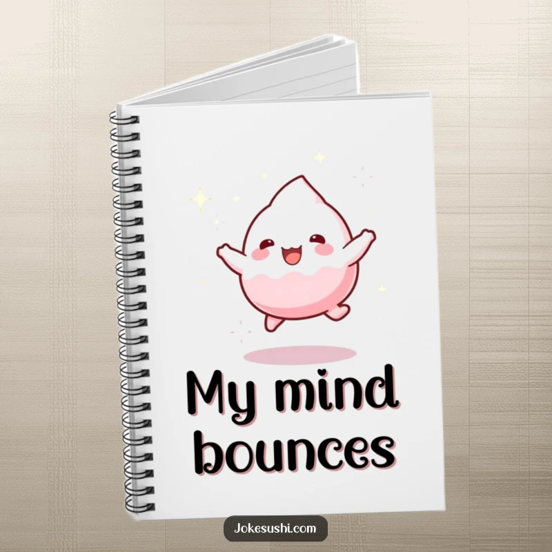 Funny notebook featuring a playful mochi character bouncing gleefully with a trail of sparkling dust, inspiring creativity.