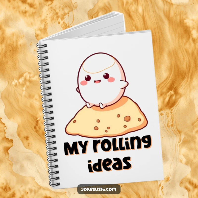 Funny notebook with a bouncy mochi character rolling down a hill, ideal for jotting down ideas with a touch of cartoon fun.