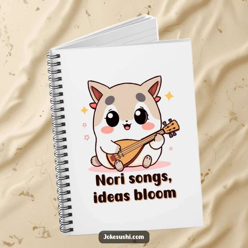 Funny nori seaweed notebook featuring a big-eyed character enthusiastically playing a shamisen, perfect for jotting down musical ideas.