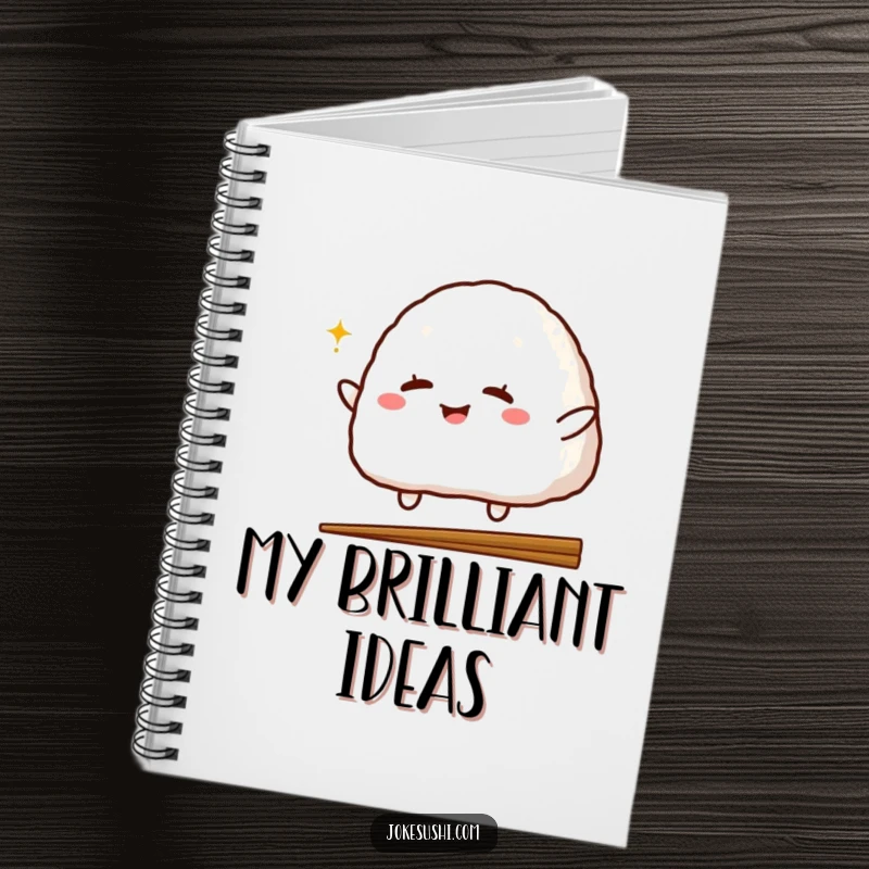 Funny notebook cover featuring a winking onigiri character jumping over a chopstick, inspiring creative thoughts and silly ideas with visual charm.
