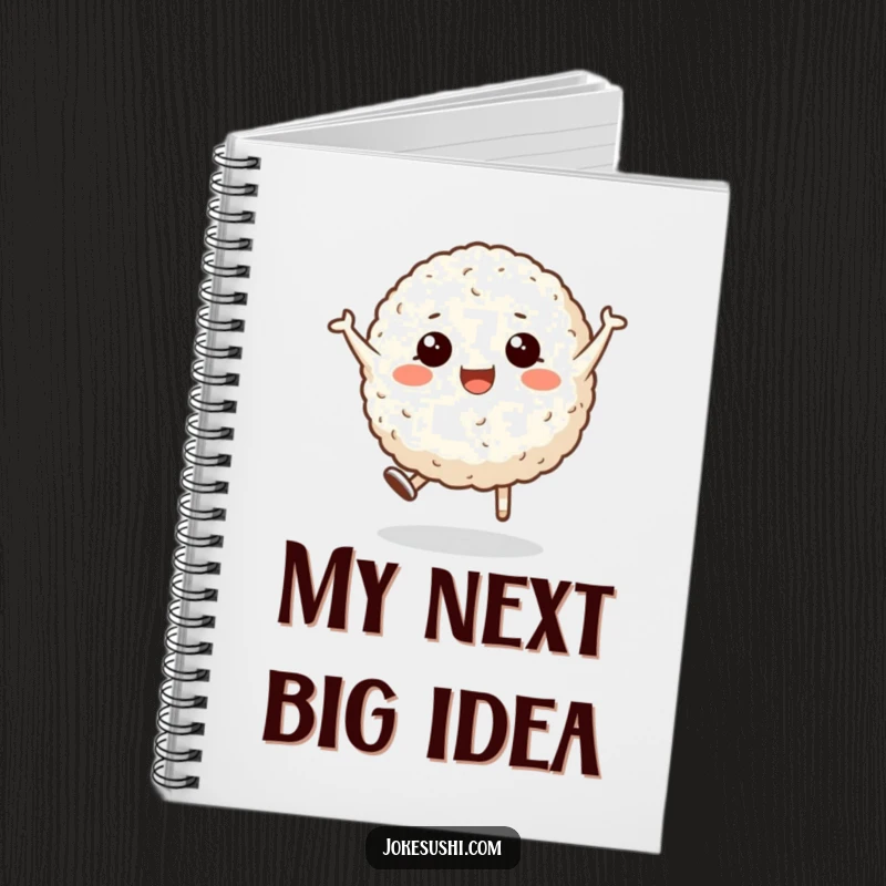 Funny notebook cover with a smiling rice ball character doing a cartwheel, encouraging creative writing and silly ideas with visual humor.