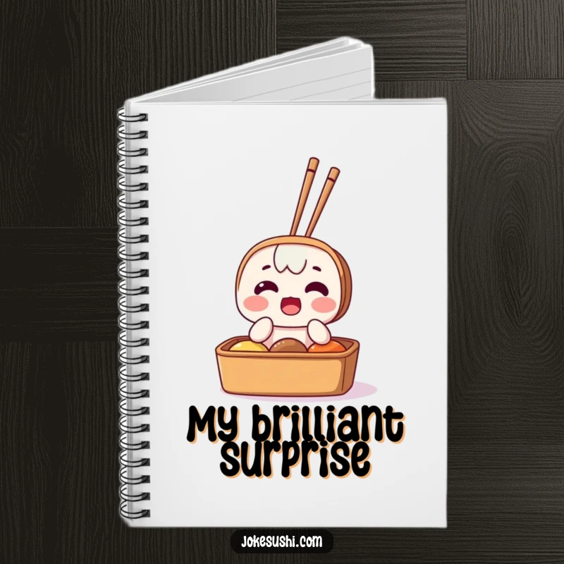 Funny notebook with a surprised bento box character and chopsticks sticking out, ideal for jotting down ideas with a touch of cartoon humor.