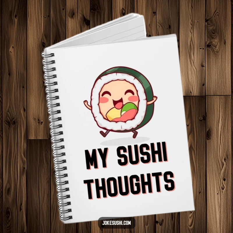 Funny notebook with a smiling sushi roll character with tiny legs, hopping excitedly, perfect for jotting down notes with a smile.