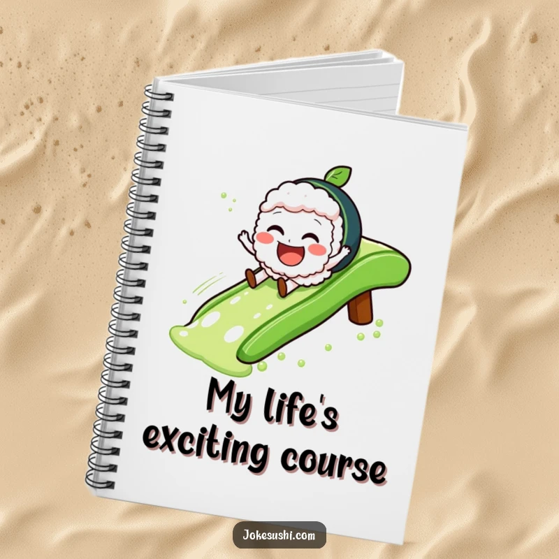 Funny Notebook with a sushi character sliding with glee down a green tea slide, perfect for journaling culinary ideas.