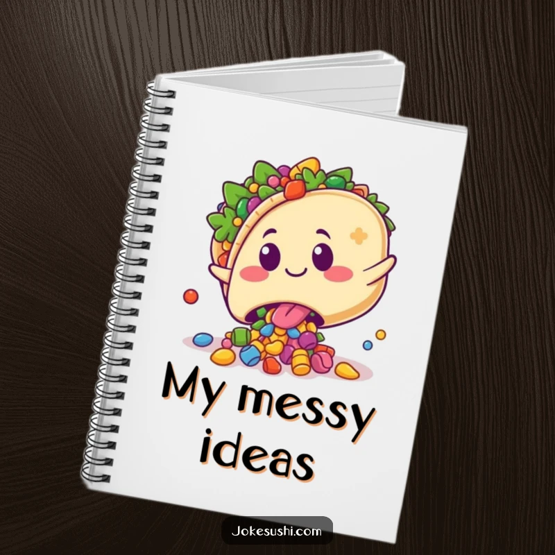 Funny notebook featuring a kawaii taco character playfully tripping, spilling colorful fillings with a surprised grin, perfect for journaling.