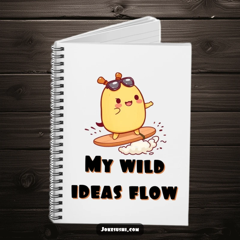 Funny notebook cover showing a tamagoyaki character surfing on nori, ideal for jotting down ideas.