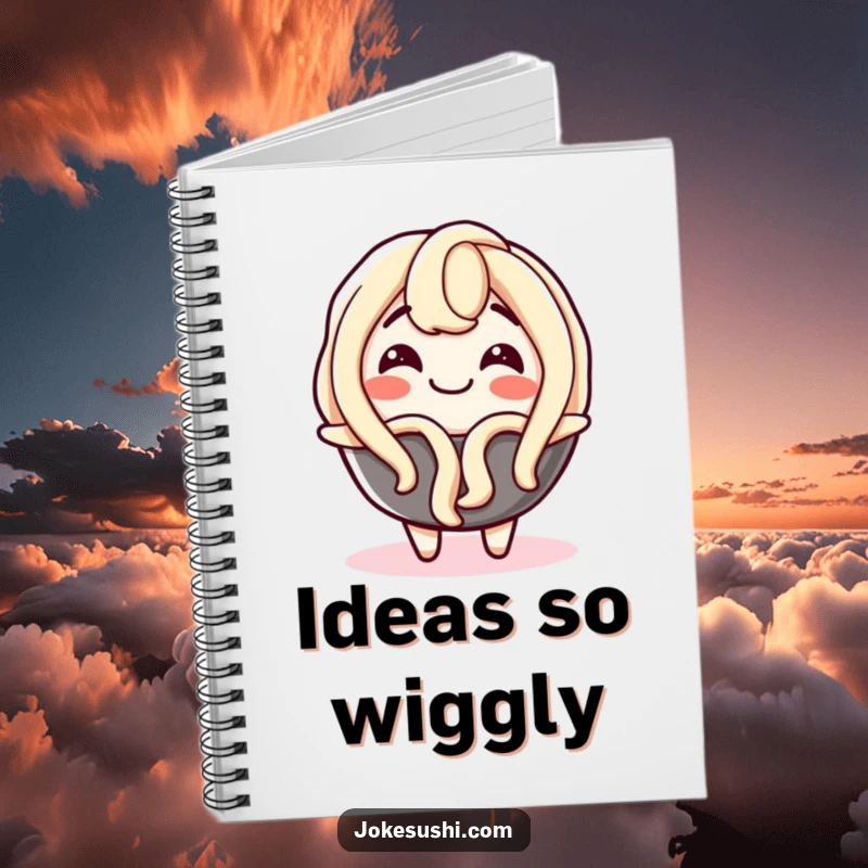 Funny notebook featuring a delighted udon noodle character wiggling with glee, ideal for jotting down ideas with a touch of cartoon humor.