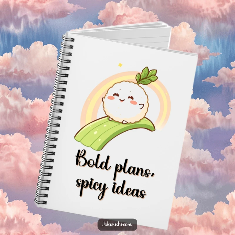 Funny notebook with a happy rice ball character sliding down a wasabi rainbow, ideal for jotting down spicy thoughts and ideas.