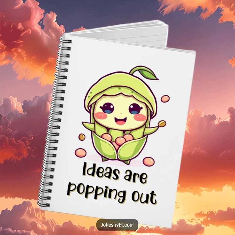 Funny notebook cover featuring a smiling edamame pod character with beans popping out, perfect for journaling, recipe writing, or sketching veggie themes.