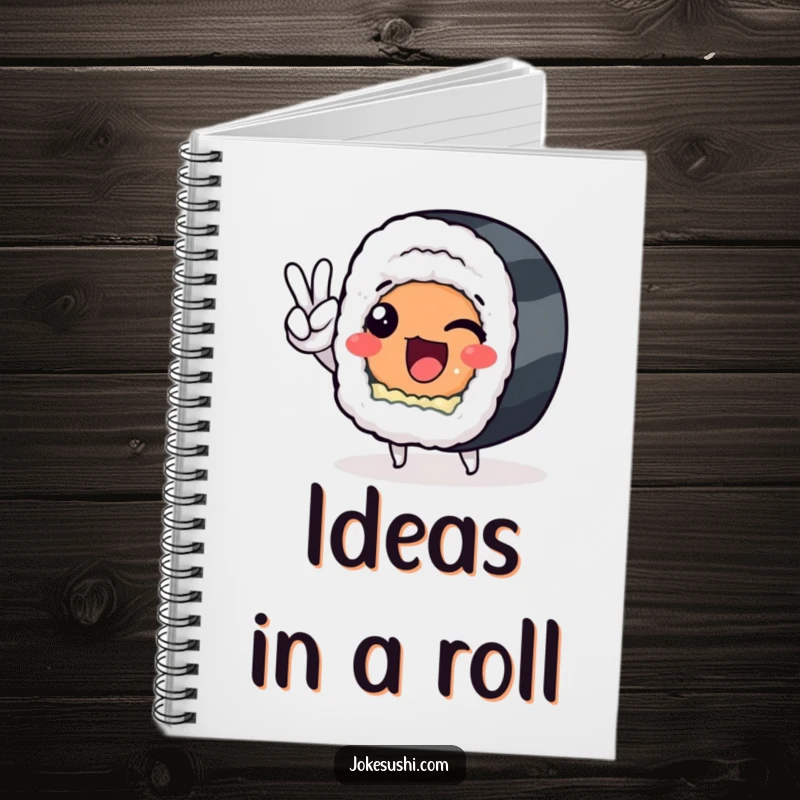Funny sushi roll character giving a peace sign on a notebook cover, perfect for humorous note-taking.