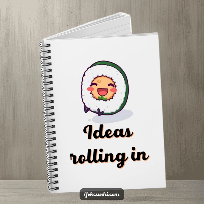 Funny notebook with a smiling sushi roll character with tiny legs rolling downhill, ideal for humorous food journaling.