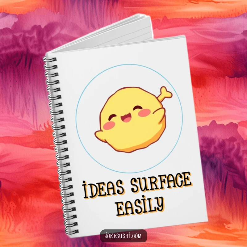 Funny Notebook with a giggling tempura character floating joyfully on a bubble, perfect for jotting down lighthearted ideas.