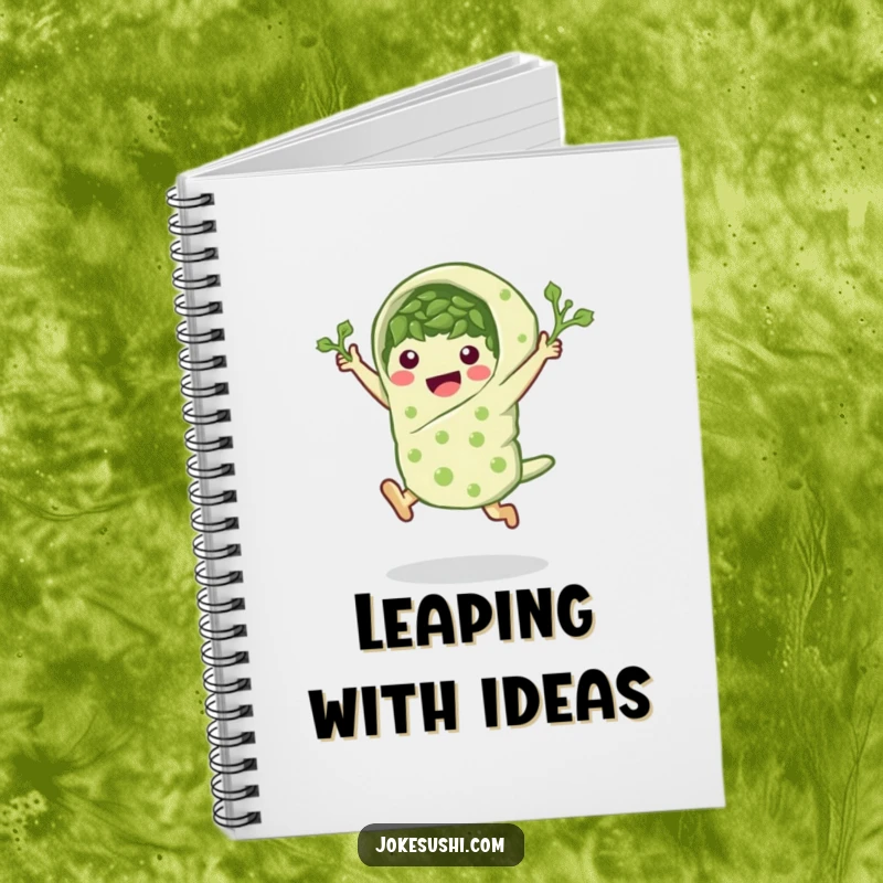 Funny seaweed wrap notebook featuring a peppy character in a leaping pose, for jotting ideas.