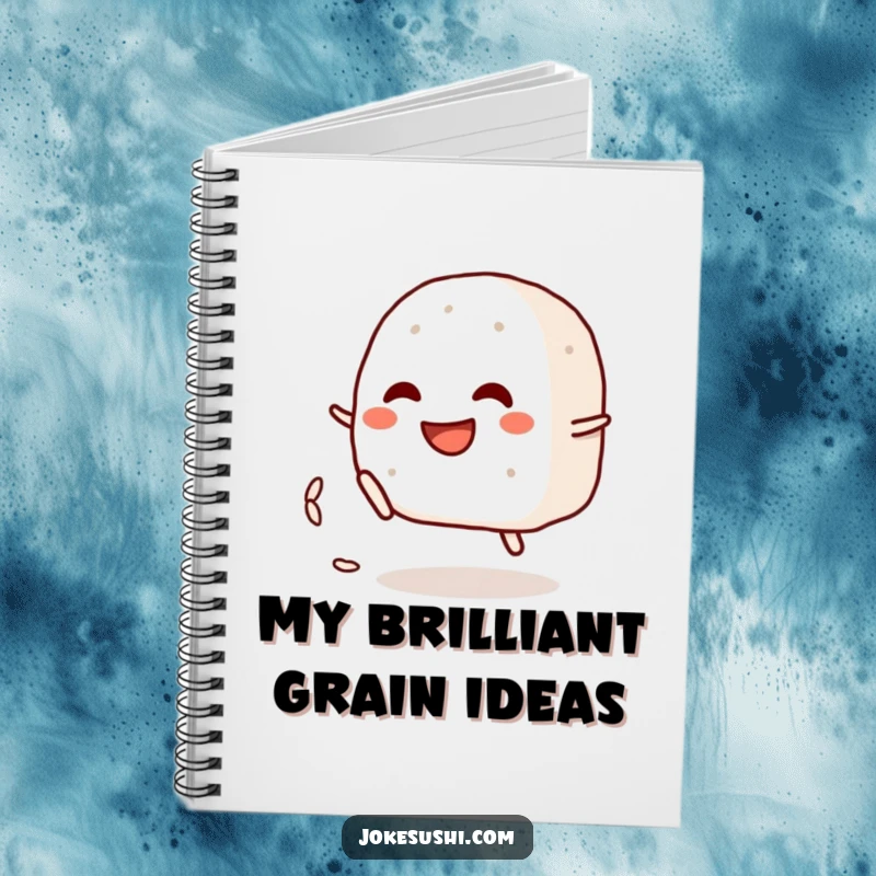 Funny notebook featuring a grinning onigiri character playfully kicking a rice grain, perfect for jotting down playful ideas.