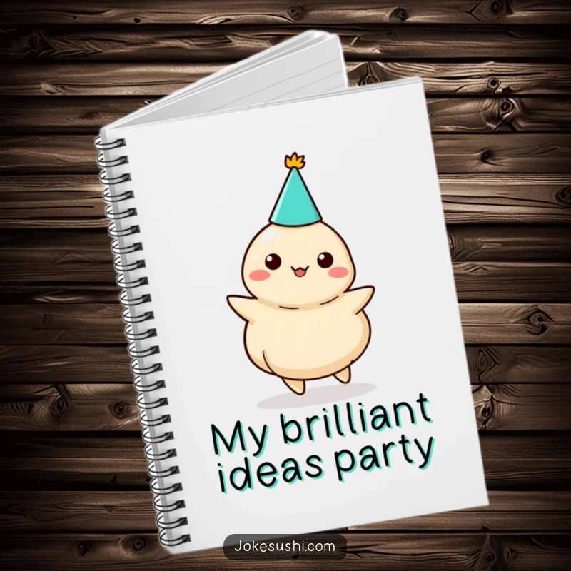 Funny dumpling party notebook, a character with a party hat dancing, inspiring creative and humorous note-taking.