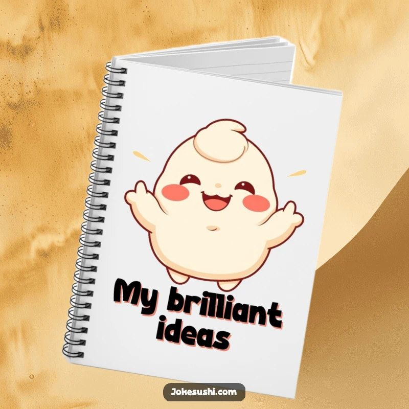Funny notebook featuring a grinning dumpling character enthusiastically gesturing its sides, perfect for note-taking.