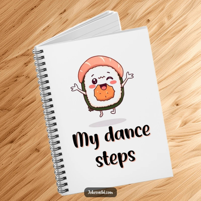 Funny sushi nigiri notebook featuring a delighted character dancing, ideal for notes and culinary doodles. A fun and inspiring journal.