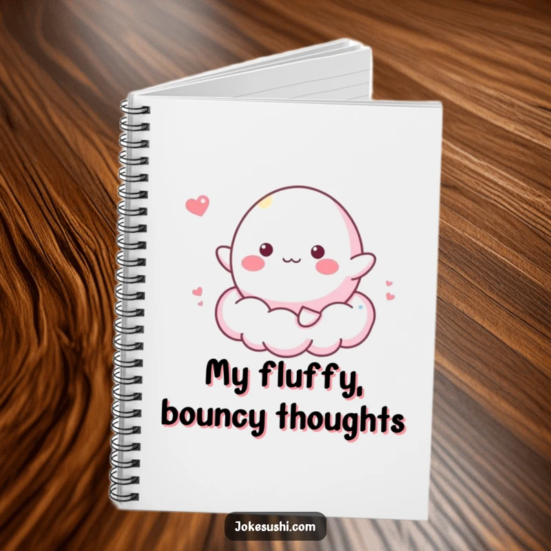 Funny notebook featuring a cheerful mochi character bouncing on a fluffy cloud, perfect for jotting down sweet thoughts.