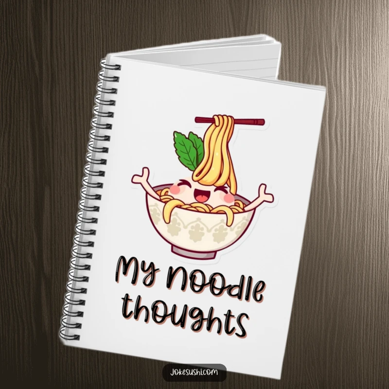 Funny notebook cover featuring a winking ramen bowl character with noodles waving like arms, inspiring creative thoughts and silly kitchen notes.