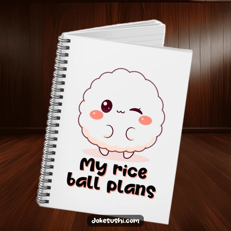 Funny notebook with a fluffy rice ball character winking playfully at the viewer, perfect for jotting down notes with a smile.