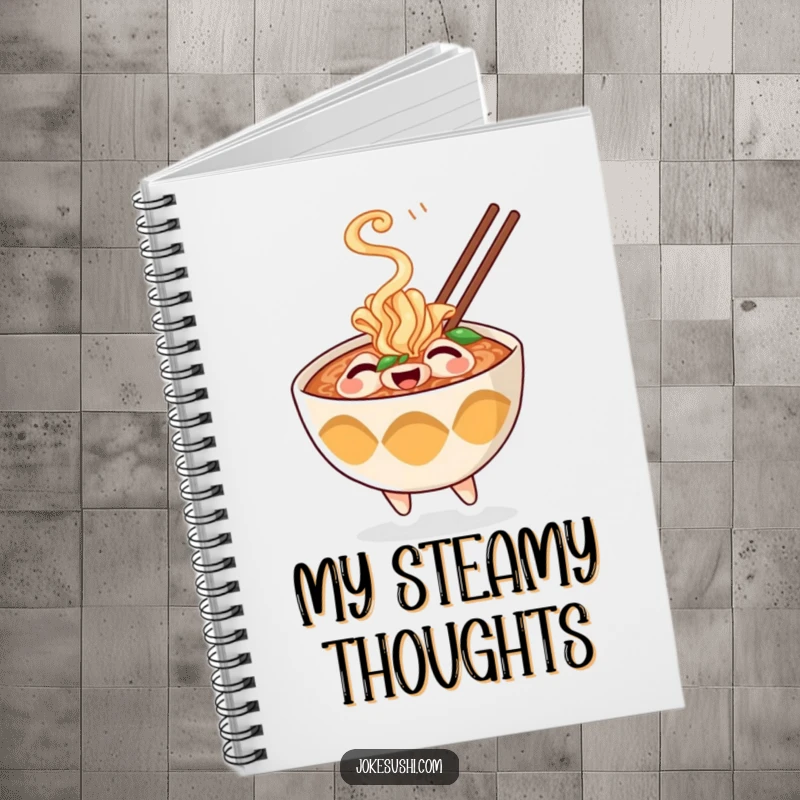 Funny notebook cover with a cheerful ramen bowl character playfully puffing steam, inspiring warm thoughts and creative entries.