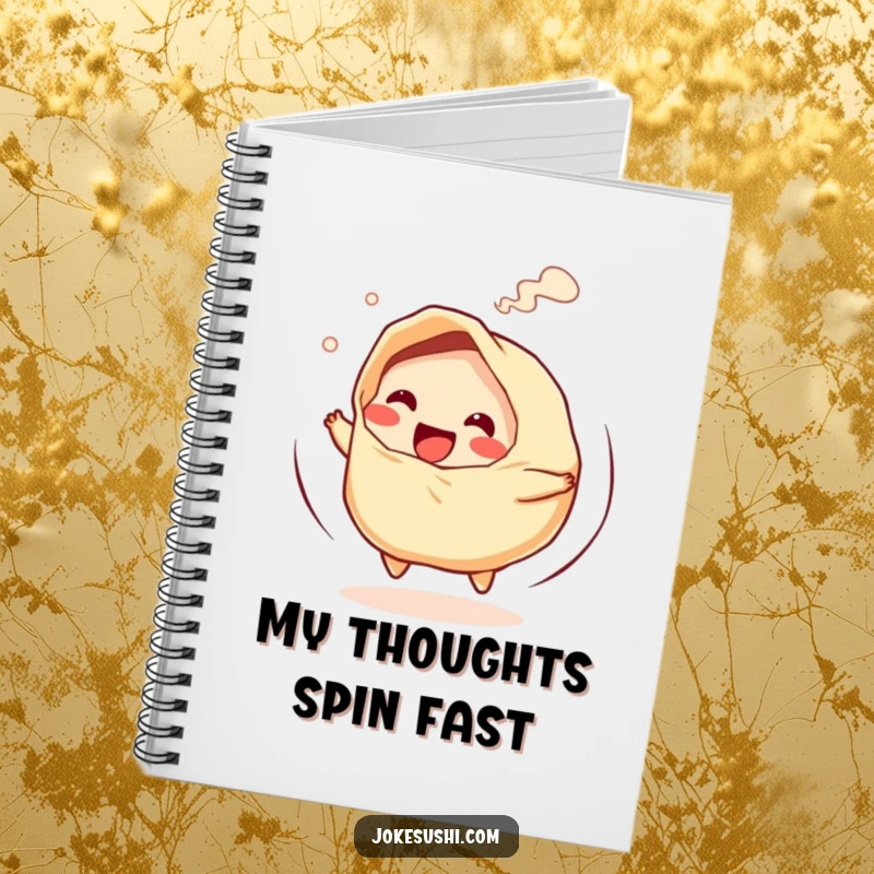 Funny notebook cover showing a giggling gyoza character spinning with steam, ideal for note-taking.