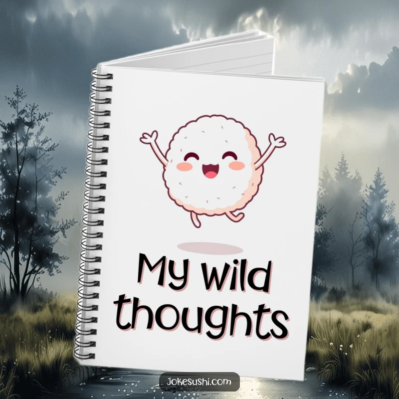 Funny Rice Ball Notebook: A happy rice ball with short arms jumps playfully, perfect for capturing energetic thoughts and notes.