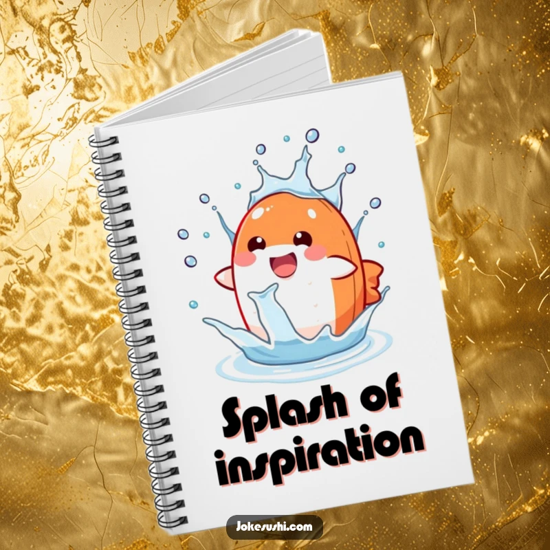 Funny salmon nigiri notebook featuring a delighted character splashing in a water drop, for jotting ideas.