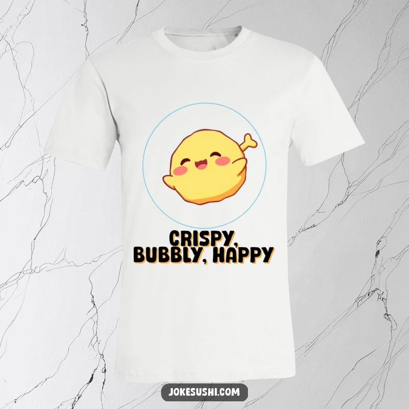 Funny T-Shirt with a giggling tempura character floating blissfully on a bubble, perfect for food lovers and cheerful souls.