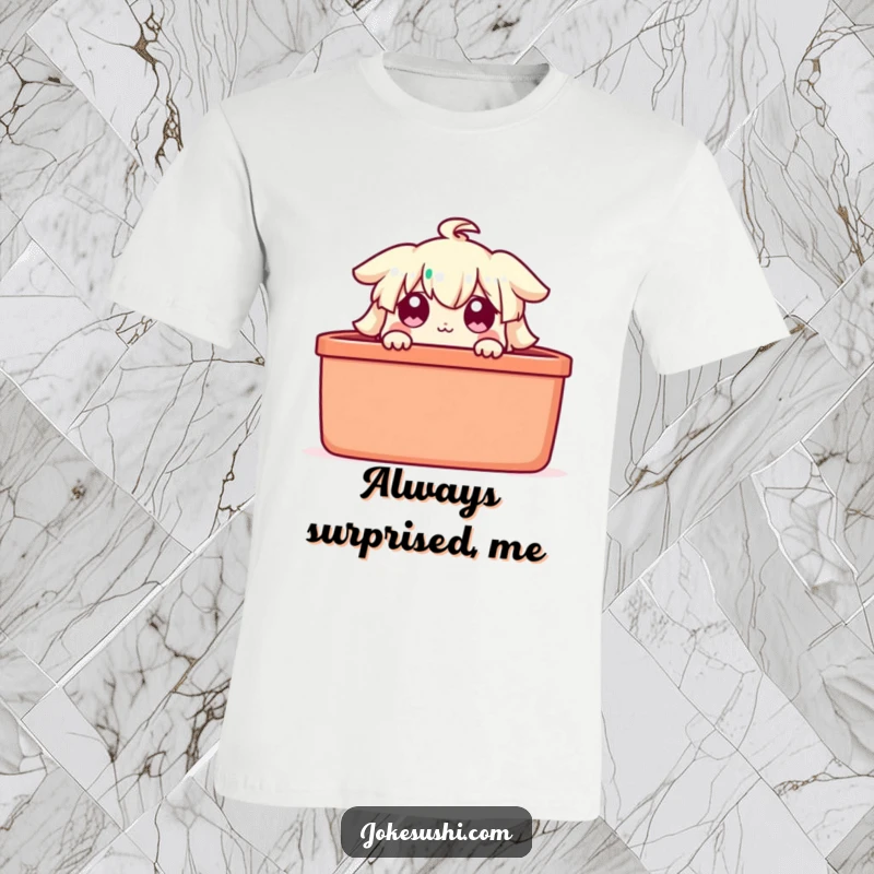 Funny bento box t-shirt, a character peeking out with wide eyes, showcasing curiosity and playful surprise.