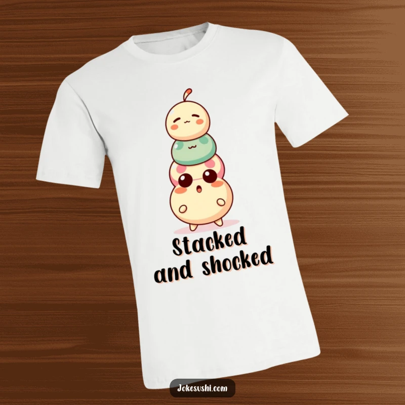 Funny Dango T-Shirt: A surprised dango character with a shocked expression on a precariously stacked three-ball treat.
