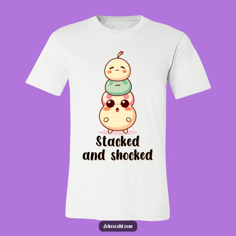 Funny Dango T-Shirt: Surprised Character's Wobbly Stack, Comical Gift!