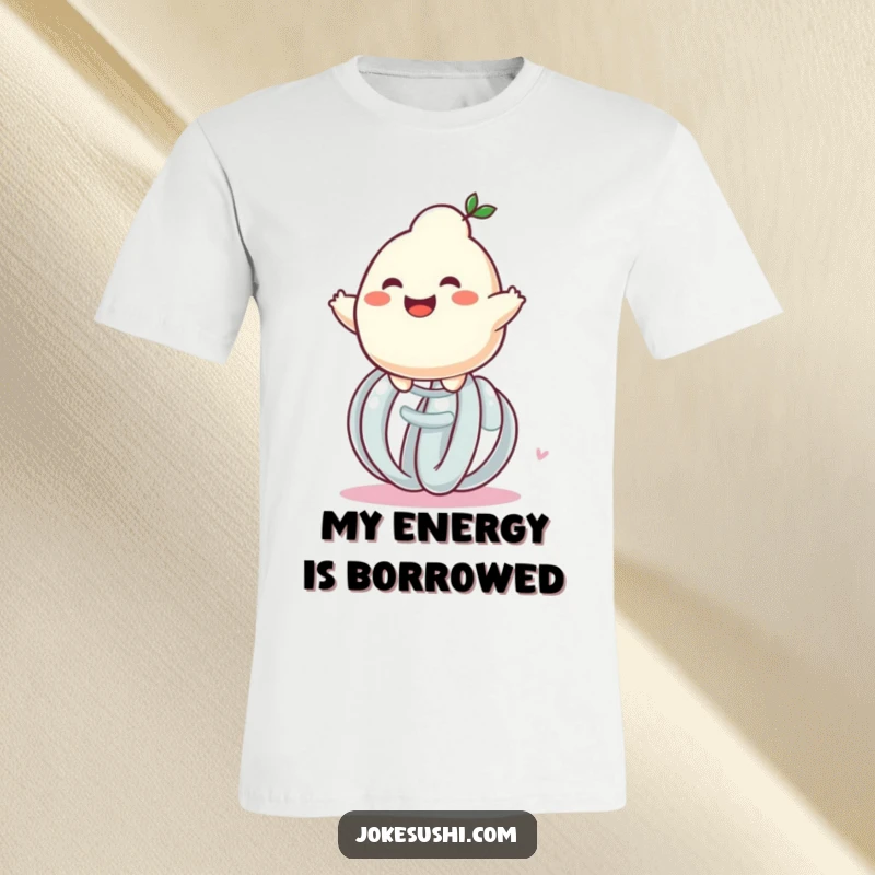 Funny grinning dumpling character energetically bouncing on a giant spring, a hilarious and playful t-shirt design.