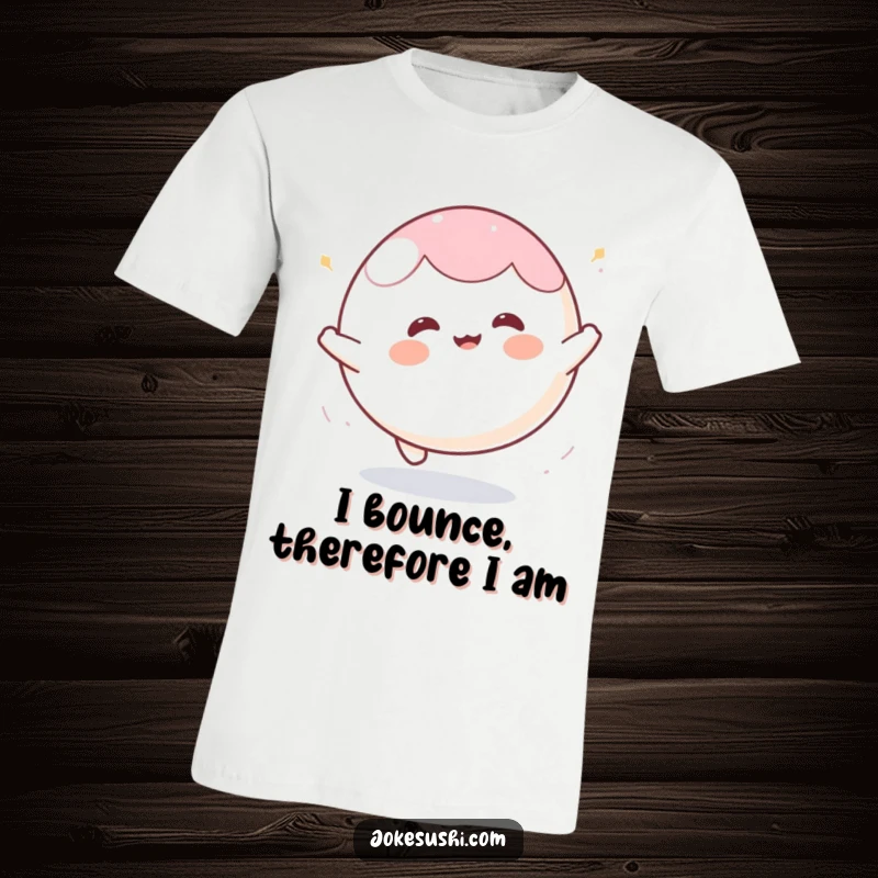 Funny mochi t-shirt featuring a happy character energetically bouncing like a ball, embodying pure joy and playful movement.