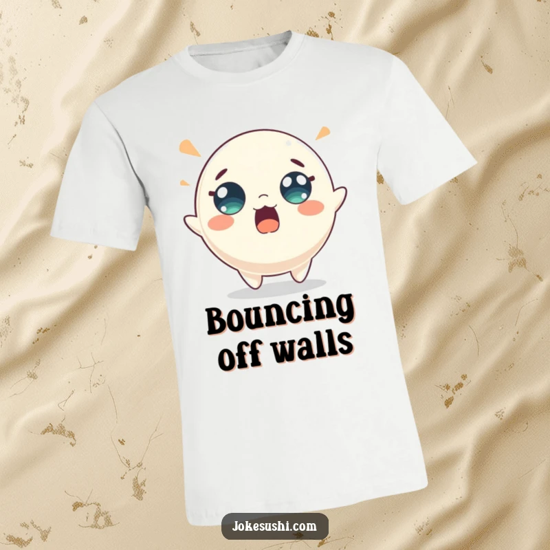 Funny mochi t-shirt character with wide eyes, energetically bouncing with comical surprise. A lively and humorous apparel choice.