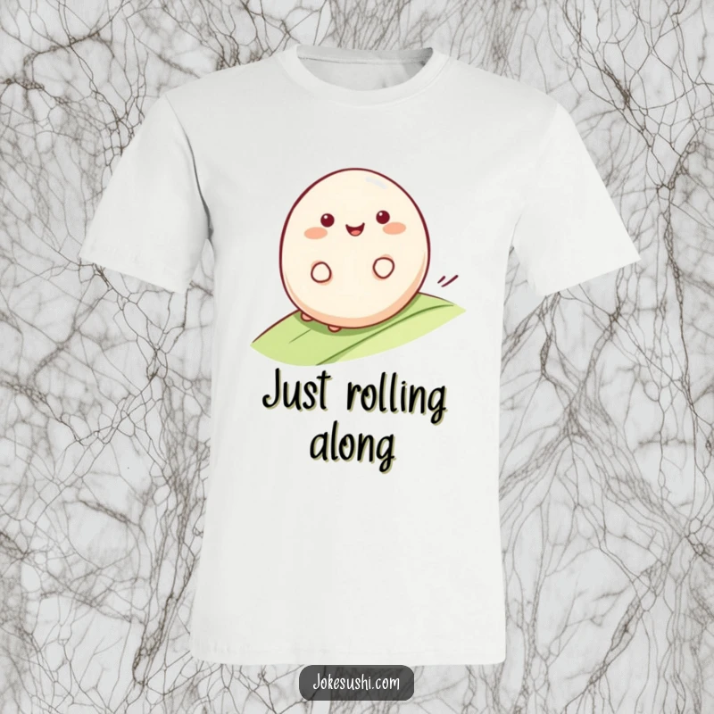 Funny Mochi T-Shirt: Smiling mochi character rolling happily down a gentle slope, showcasing smooth delight and a perfect funny gift.
