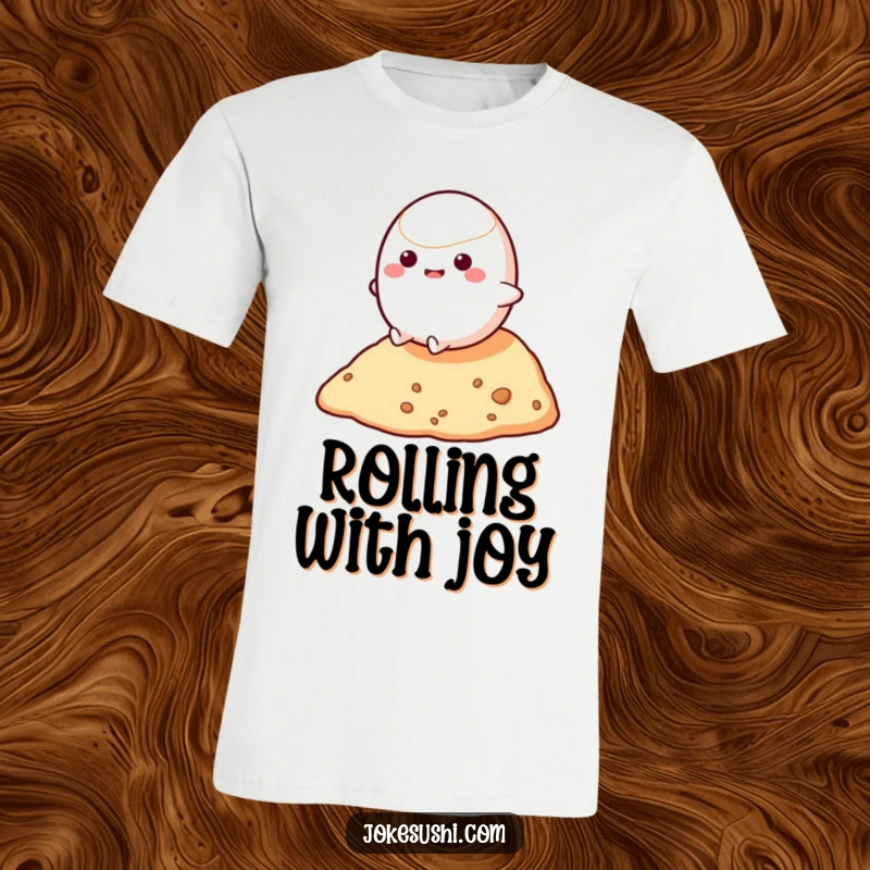 Funny t-shirt with a bouncy mochi character gleefully rolling down a small hill, embodying playful movement and cartoonish delight.