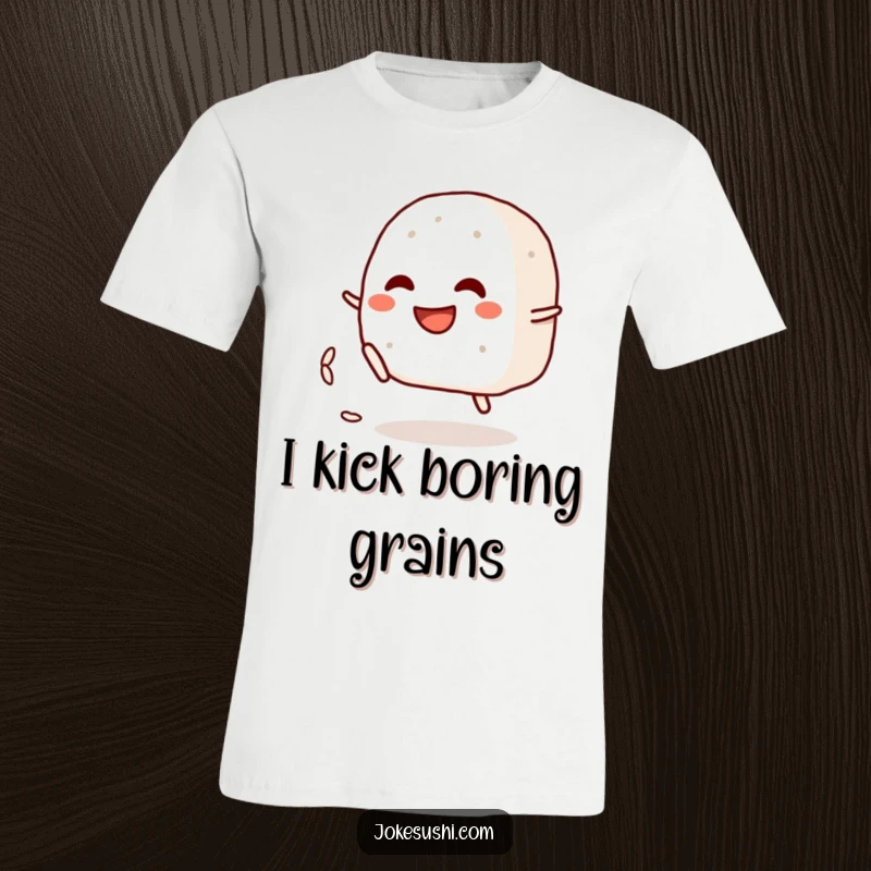 Funny t-shirt depicting a grinning onigiri character playfully kicking a rice grain, showcasing amusing Japanese food apparel.