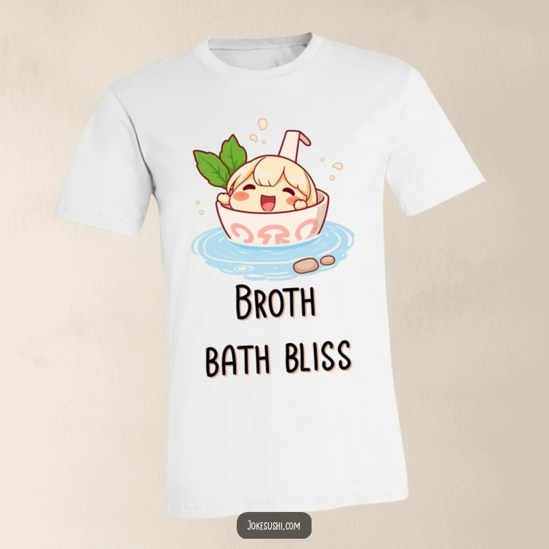 Funny t-shirt depicting a happy ramen bowl character playfully splashing in a tiny hot spring, radiating pure joy and relaxation.