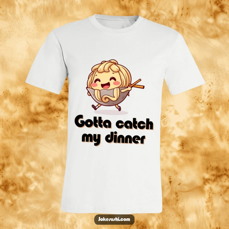 Funny T-Shirt featuring a smiling ramen noodle character playfully pursuing a runaway chopstick, perfect for foodies.
