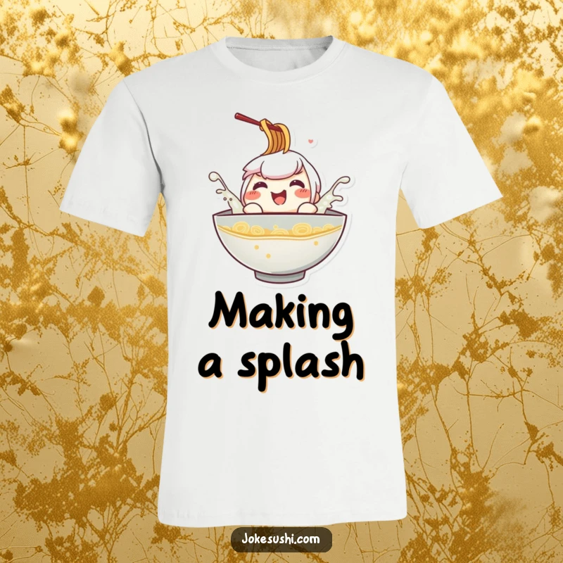 Funny ramen bowl t-shirt, a smiling character splashing happily in broth, embodying pure, unadulterated fun.