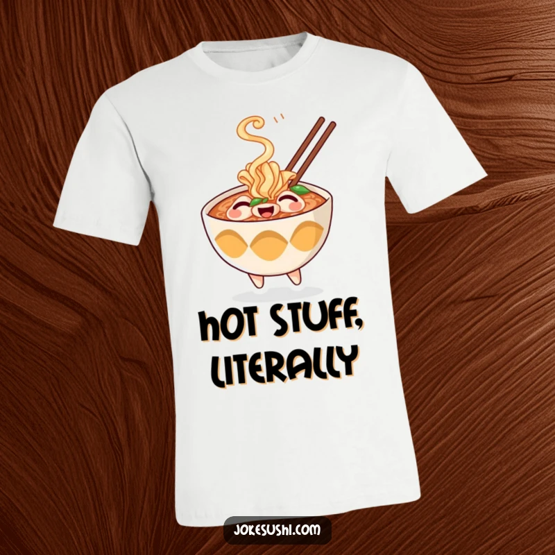 Funny t-shirt featuring a cheerful ramen bowl character with a delighted expression, playfully releasing steam, looking cozy and happy.
