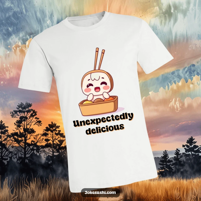 Funny t-shirt with a surprised bento box character, complete with comically placed chopsticks sticking out, expressing cartoonish shock.