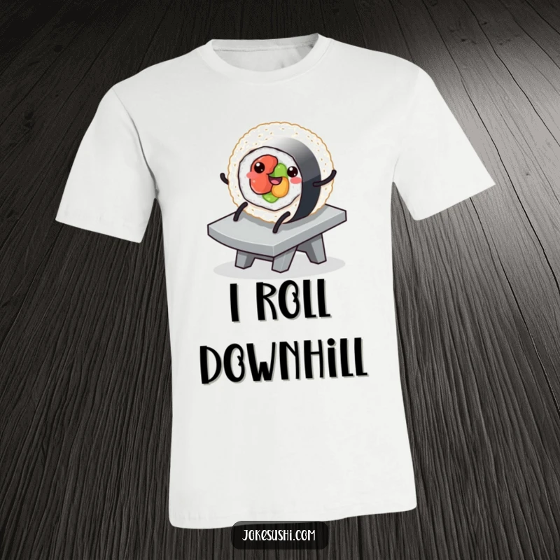 Funny t-shirt showcasing a round sushi roll with little legs, enthusiastically sliding down a smooth ramp with a happy, carefree look.
