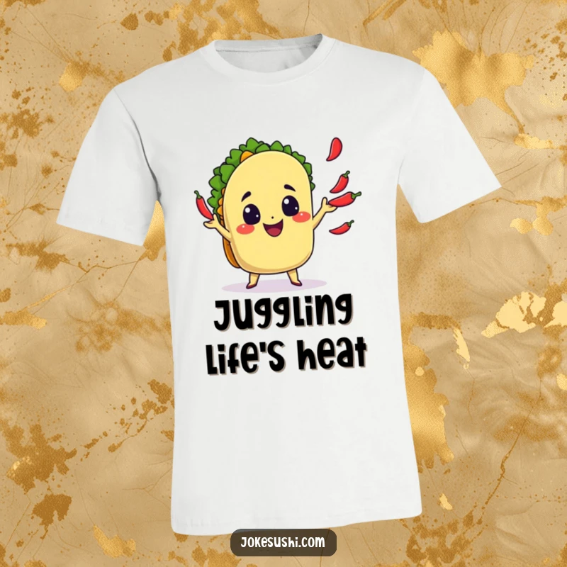 Funny T-Shirt: A smiling taco character joyfully juggles tiny chili peppers, a festive and funny foodie gift.