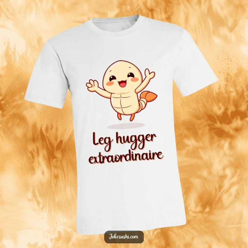 Funny tempura shrimp t-shirt featuring a joyful character enthusiastically waving its legs, a humorous and eye-catching design for all.