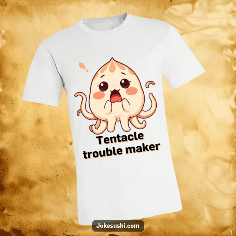Funny surprised takoyaki character with its tentacles playfully tickled, a hilarious design for a t-shirt.