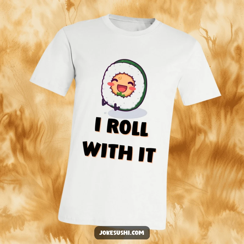 Funny T-shirt depicting a smiling sushi roll character with tiny legs rolling downhill, humorous apparel for foodies.