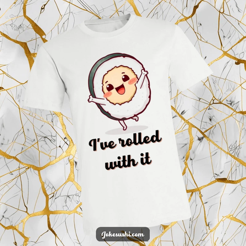 Funny sushi roll t-shirt depicting a happy character performing a dynamic cartwheel, a humorous gift for foodies.